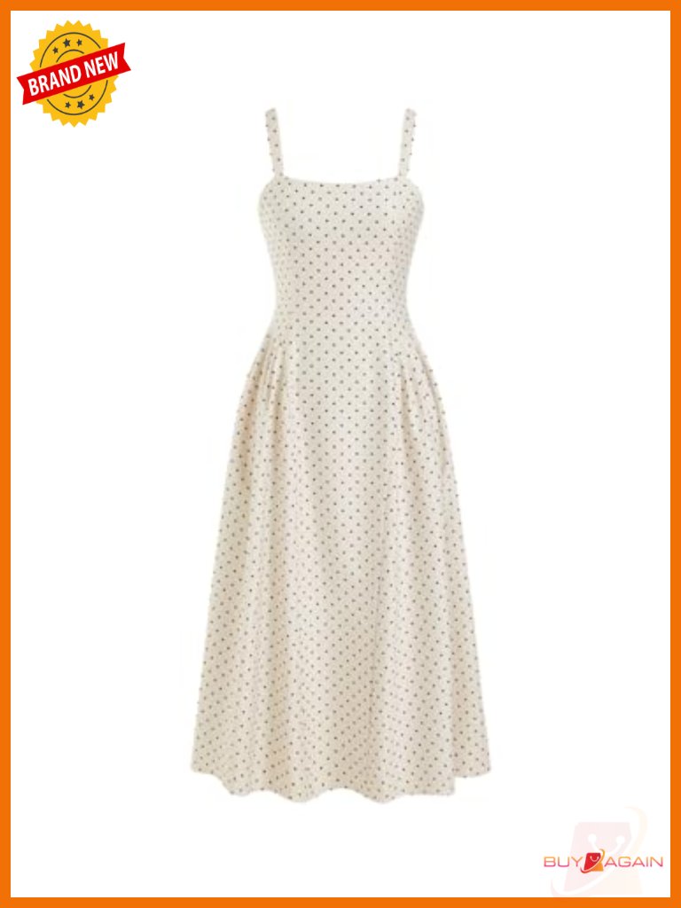 Polka Dot Square Neck Sleeveless Midi A-Line Dress With Pockets
